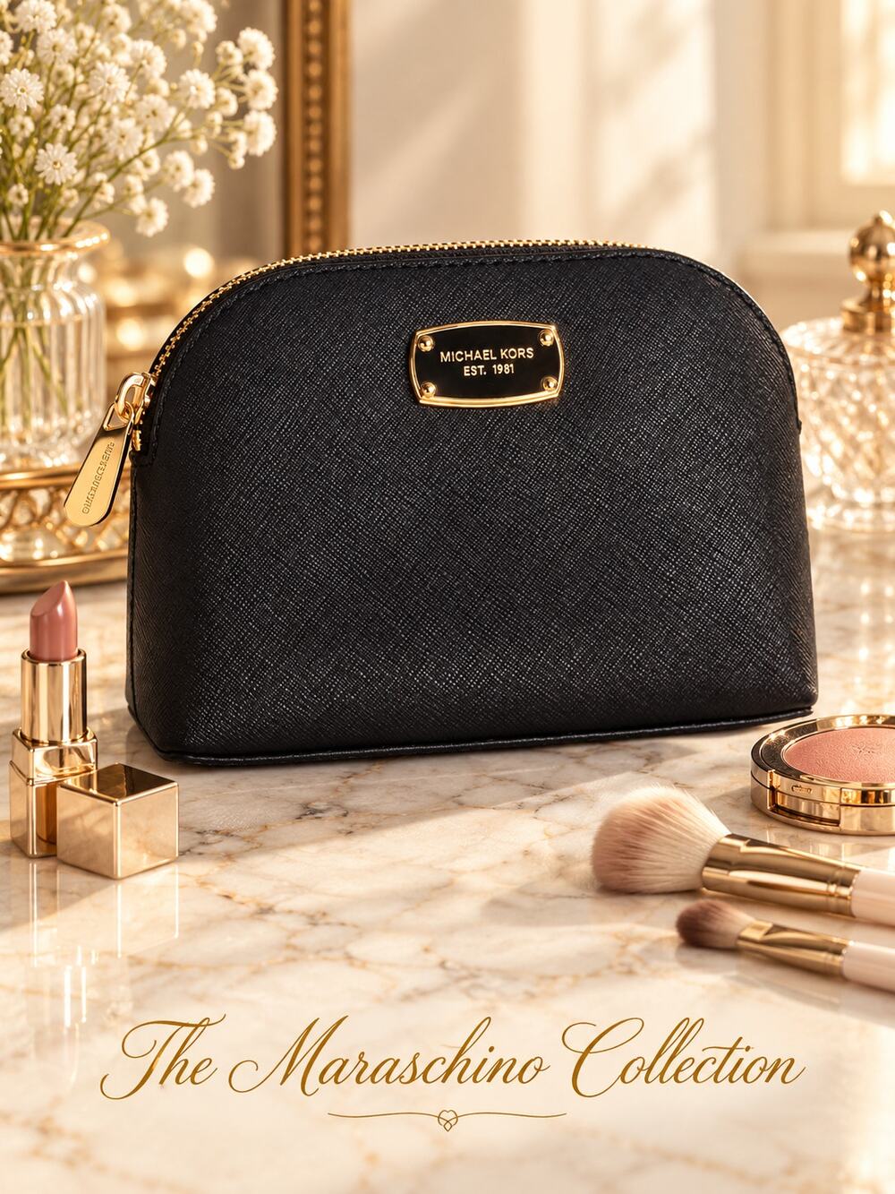Michael Kors Cindy Black Saffiano Leather Dome Cosmetic Bag Travel Makeup Pouch